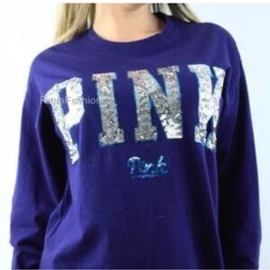 PINK VICTORIAS SECRET LONG SLEEVE BLUE SEQUIN T SHIRT XS